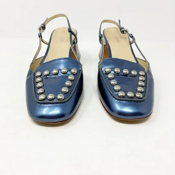 Coach Patent Leather Metallic Blue Studded Block Heel Sling Back Mules 8 - Picture 3 of 7